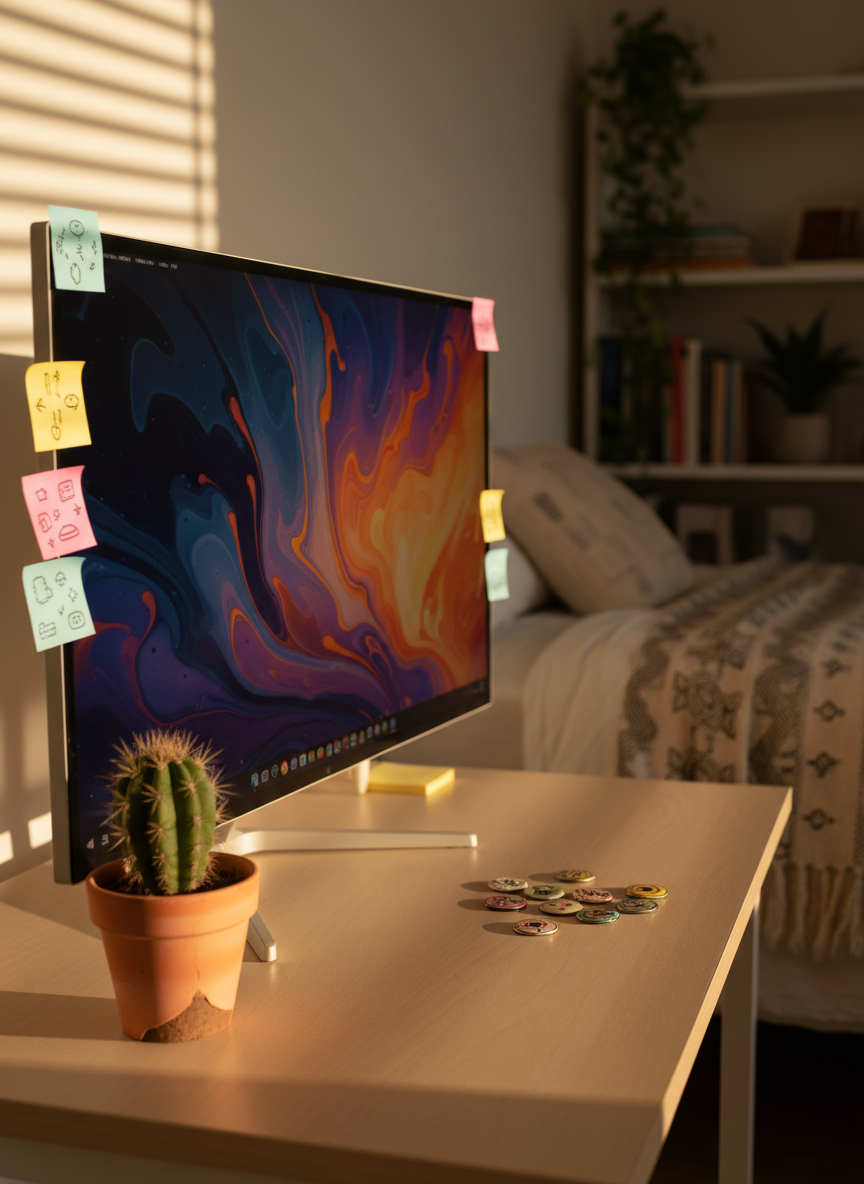 A minimalist bedroom desk setup with a compact, slightly scuffed monitor showing a colorful abstract wallpaper, flanked by a tiny cactus in a chipped pot and a small collection of enamel pins scattered like fallen confetti. Sticky notes are clustered around the monitor frame with doodle-like arrows and random icons, no readable text. Late-afternoon sunlight slices through blinds, creating playful striped shadows across the desk and wall. Photographed at a three-quarter angle with moderate depth of field, the foreground accessories in crisp focus while the background bed and shelves softly blur. The atmosphere is playful yet introspective, a photographic glimpse into a personal creative space where blog ideas about identity, moods, and everyday obsessions are born.