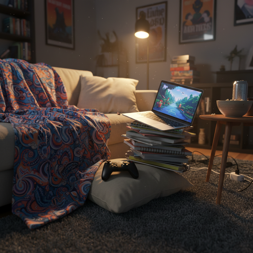 A rumpled sofa with an oversized, brightly patterned blanket half-sliding onto the floor, a game controller resting upside down on a cushion, and a laptop balanced precariously on a stack of comic books and notebooks. A small side table holds a nearly empty snack bowl and a sparkling soda can with condensation droplets. Soft evening lamp light casts a warm, golden glow, with deeper shadows in the corners of the room. Photographed from a low, slightly tilted angle to emphasize the casual chaos, background intentionally soft but recognizable as a lived-in living room. The mood is playful, goofy, and relaxed, evoking a personal blog post confessing lazy days, quirky hobbies, and the joyful messiness of real life.