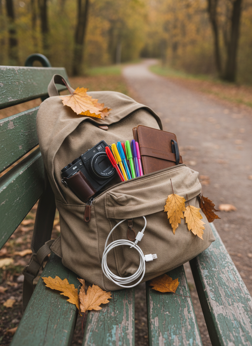 A well-traveled canvas backpack slouched on a faded park bench, zip slightly open to reveal a compact camera, a dog-eared journal, and a bundle of colorful pens tangled with a phone charging cable. Scattered fall leaves in oranges and yellows partially cover one strap, hinting at recent wandering. Soft overcast daylight makes colors appear rich but natural, with gentle, directionless shadows. Photographed from a slightly elevated angle using rule-of-thirds composition, the backpack sits to one side, while the blurred background shows a hint of winding path and trees. The atmosphere is curious, playful, and authentically personal, like a candid snapshot from a day spent exploring and collecting stories for a blog about everyday adventures.