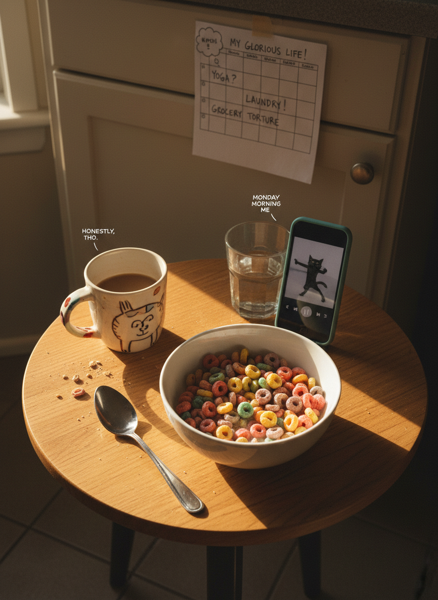 A small kitchen table cluttered in an endearing way with a bowl of brightly colored cereal, a sketchy hand-drawn weekly plan taped to a nearby cupboard, and a phone propped against a water glass playing a silent video. Crumbs, a crooked spoon, and a quirky mismatched ceramic mug add to the real-life chaos. Warm morning sunlight streams through a window, creating stark yet cozy highlights on the cereal pieces and gentle shadows under the dishes. Captured from directly above in a photographic, documentary style, everything is in sharp focus. The mood is playful and self-deprecating, celebrating imperfect daily routines as blog-worthy moments of "moi" and honest life snippets rather than styled lifestyle content.
